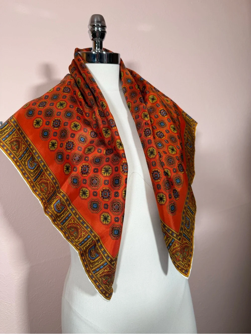 Vintage Art deco burnt orange blue geometric modernist square scarf